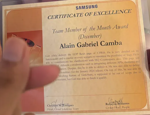 Team member of the month — Samsung R&D Institute Philippines, DEC 2023